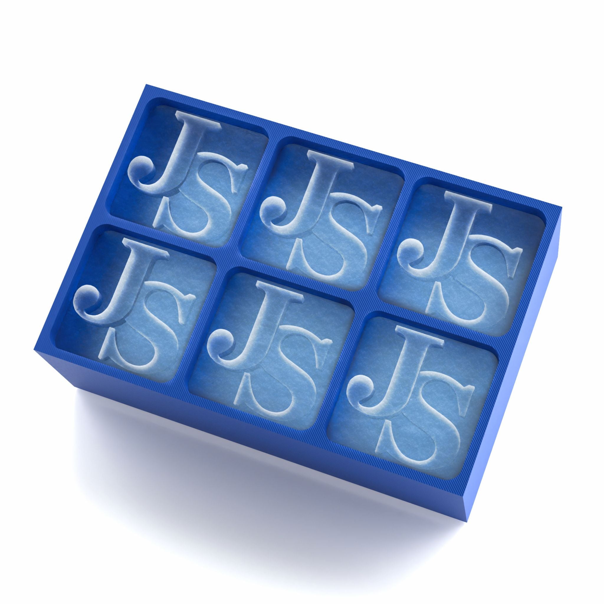 Matte blue custom ice tray showcasing frosty JS initial cubes – great for birthdays or personalised barware gifts.