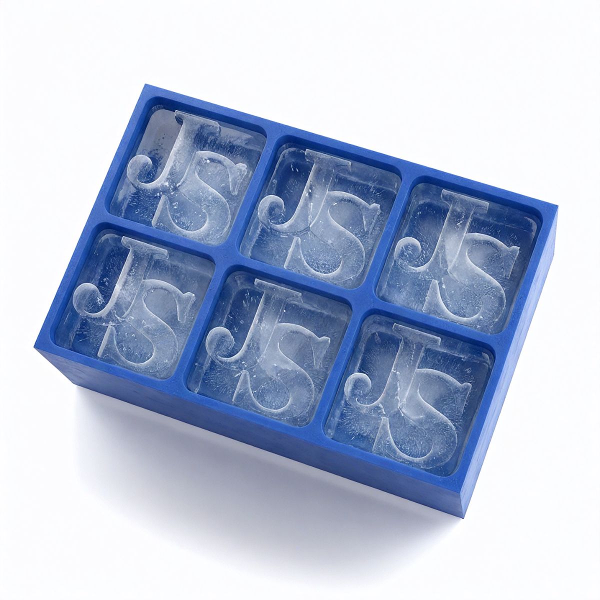 Matte blue custom ice tray showcasing frosty JS initial cubes – great for birthdays or personalised barware gifts.