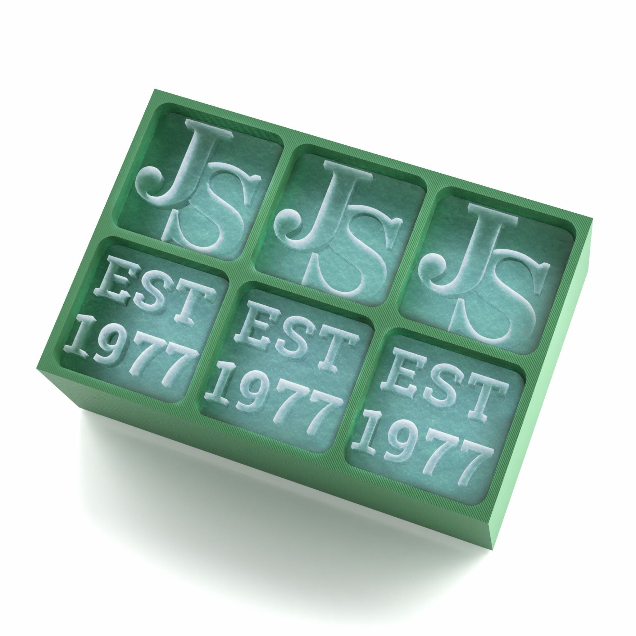 Green 6-cube ice tray featuring JS initials and EST 1977, custom family gift tray