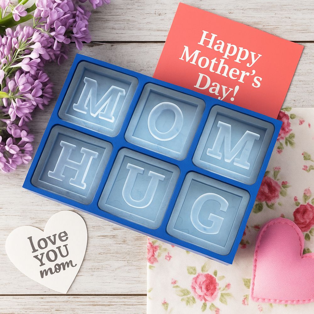 Blue 6-cube ice tray spelling “MOM HUG” on a wooden table, styled with purple flowers, a “Happy Mother’s Day” card, and a heart-shaped note that says “Love You Mom.”