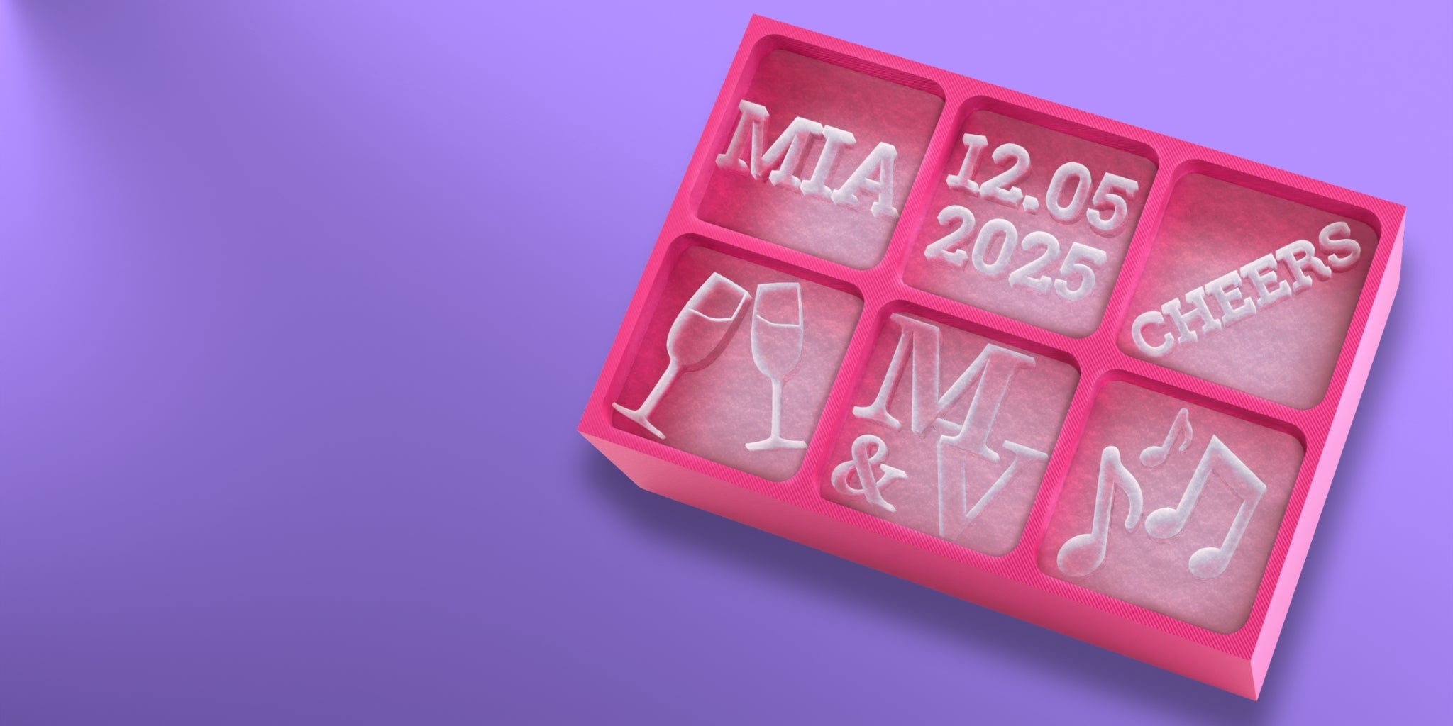 Custom pink silicone ice tray featuring personalised ice cubes with the name "MIA", the date "12.05.2025", and fun symbols like champagne glasses, music notes, and the word "CHEERS" – perfect for weddings, engagement parties, or celebration gifts