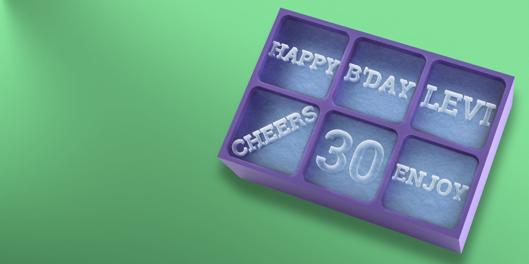 Custom purple silicone ice tray with personalised ice cubes reading "HAPPY B'DAY LEVI", "30", and "CHEERS" – a fun and unique birthday gift idea for him celebrating a 30th birthday