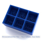 Blue silicone ice tray mould with initials and EST year cavities, handmade custom birthday barware