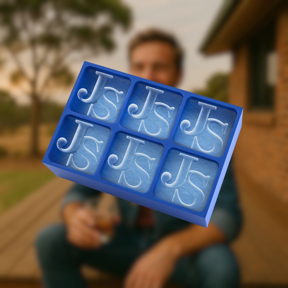 Blue monogram ice tray with JS initials, designed for men who enjoy custom barware or unique gifts