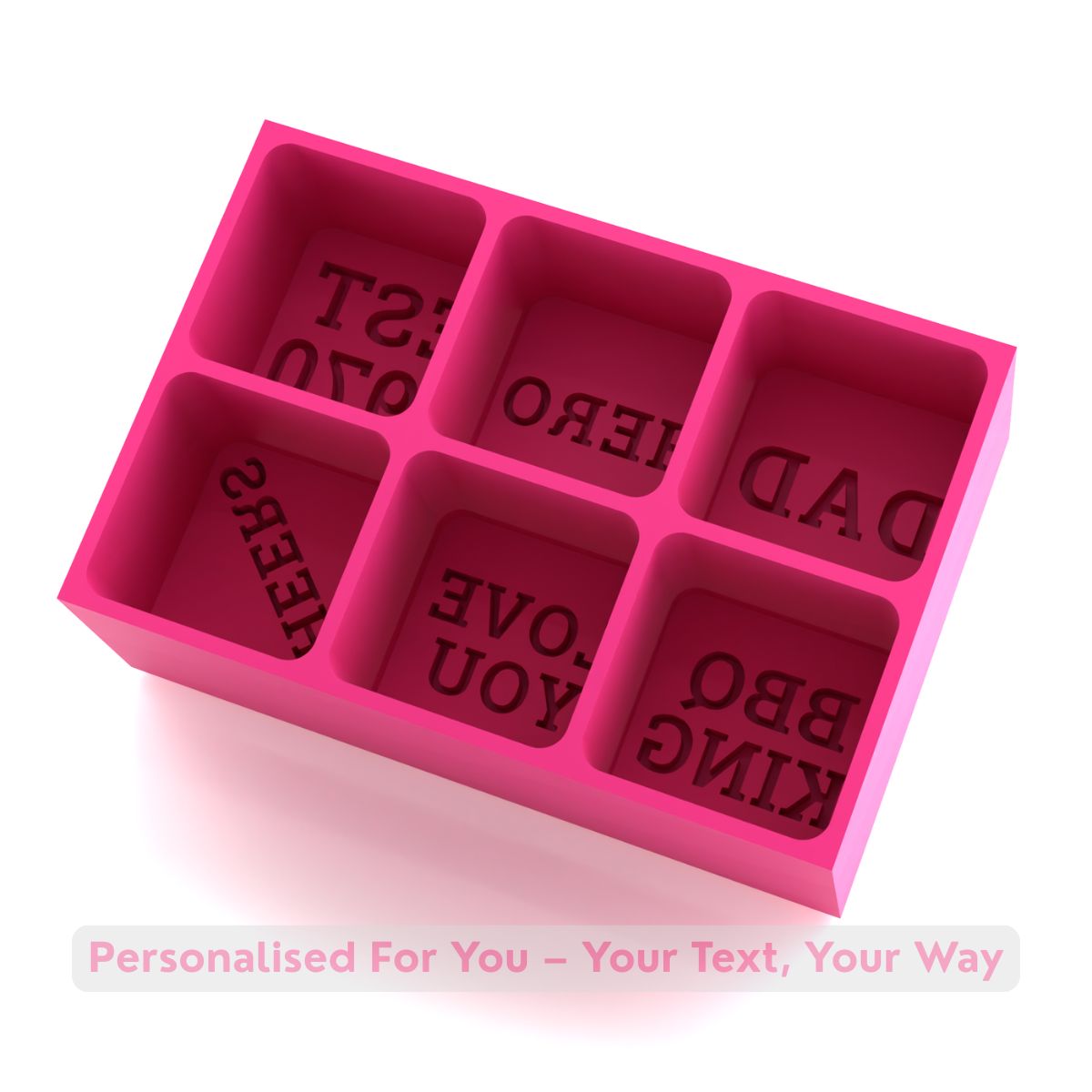 Pink handmade platinum-silicone ice tray with six cube spaces for personalised text — the perfect fun and thoughtful custom gift idea.