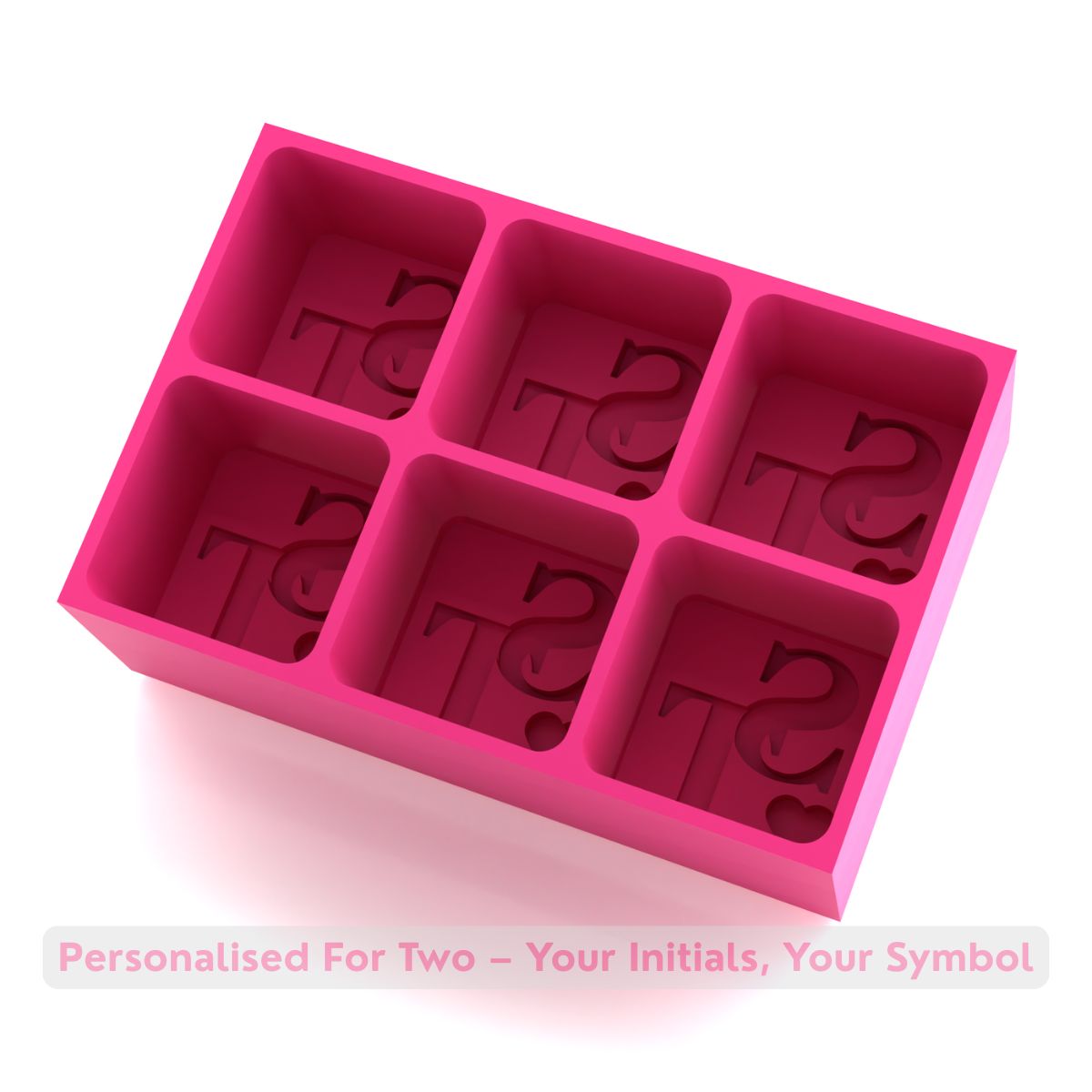 Pink silicone anniversary initials ice cube tray showing personalised moulds and “Personalised For Two”