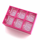 Bright pink silicone tray with personalised JS ice cubes – ideal for birthdays, bridal showers, or best friend gifts.