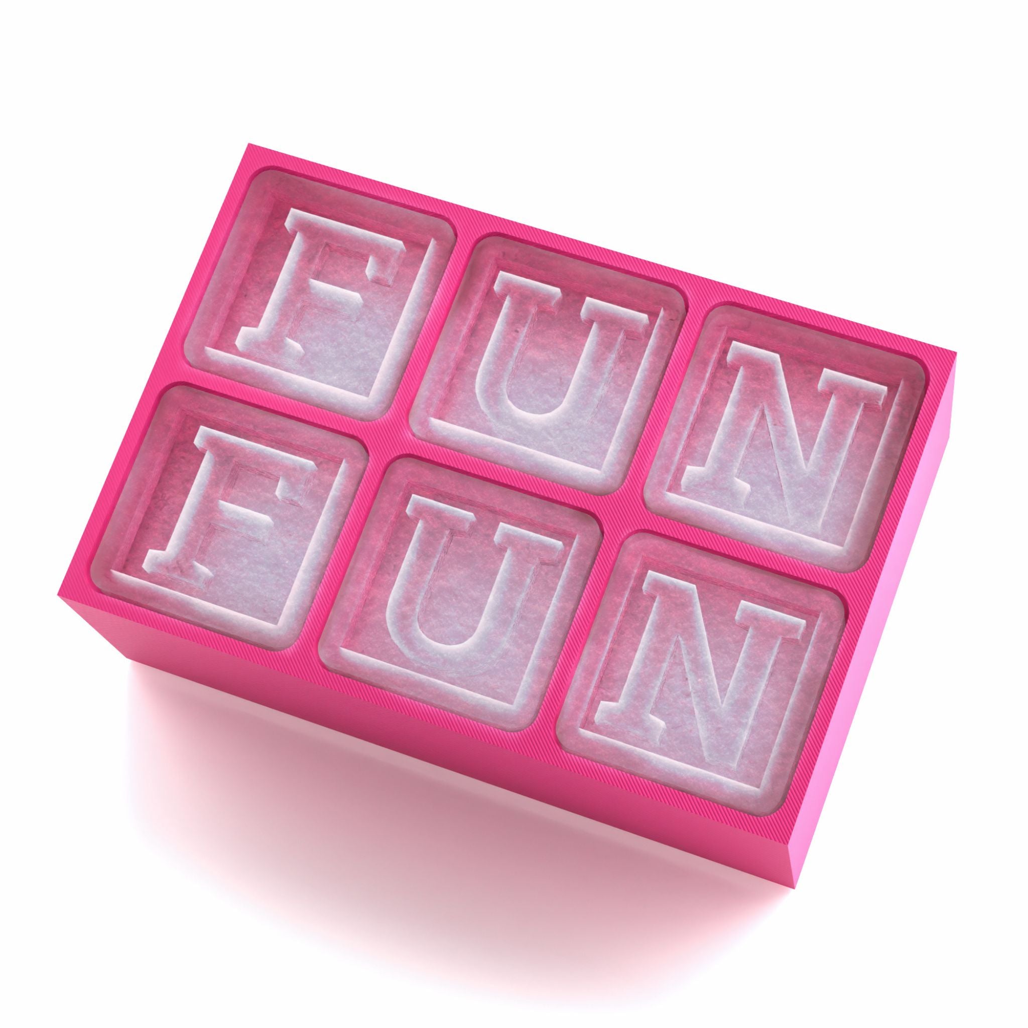 Bright pink silicone ice tray spelling FUNFUN, a fun and festive birthday gift for party lovers.