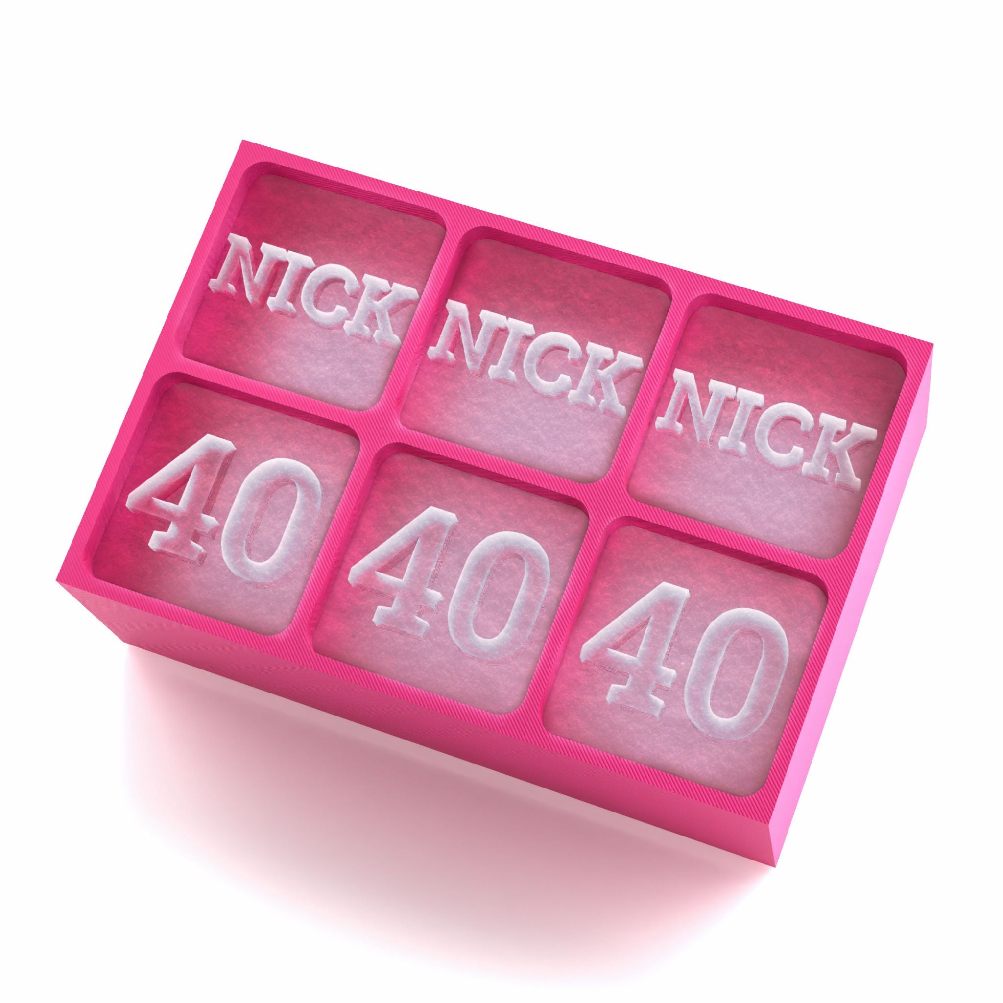 Custom pink silicone tray with raised “NICK” and “40” ice cubes – a playful, personal gift idea for 40th birthdays or cocktails with meaning.