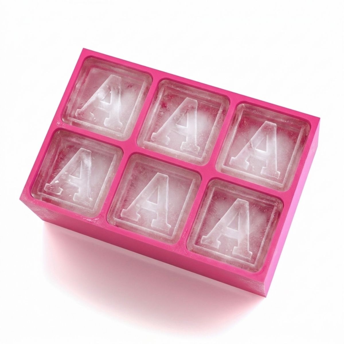 Pink silicone ice cube tray featuring the letter A monogram in each cube – 6-cube personalised mould, perfect for birthday and gifting occasions