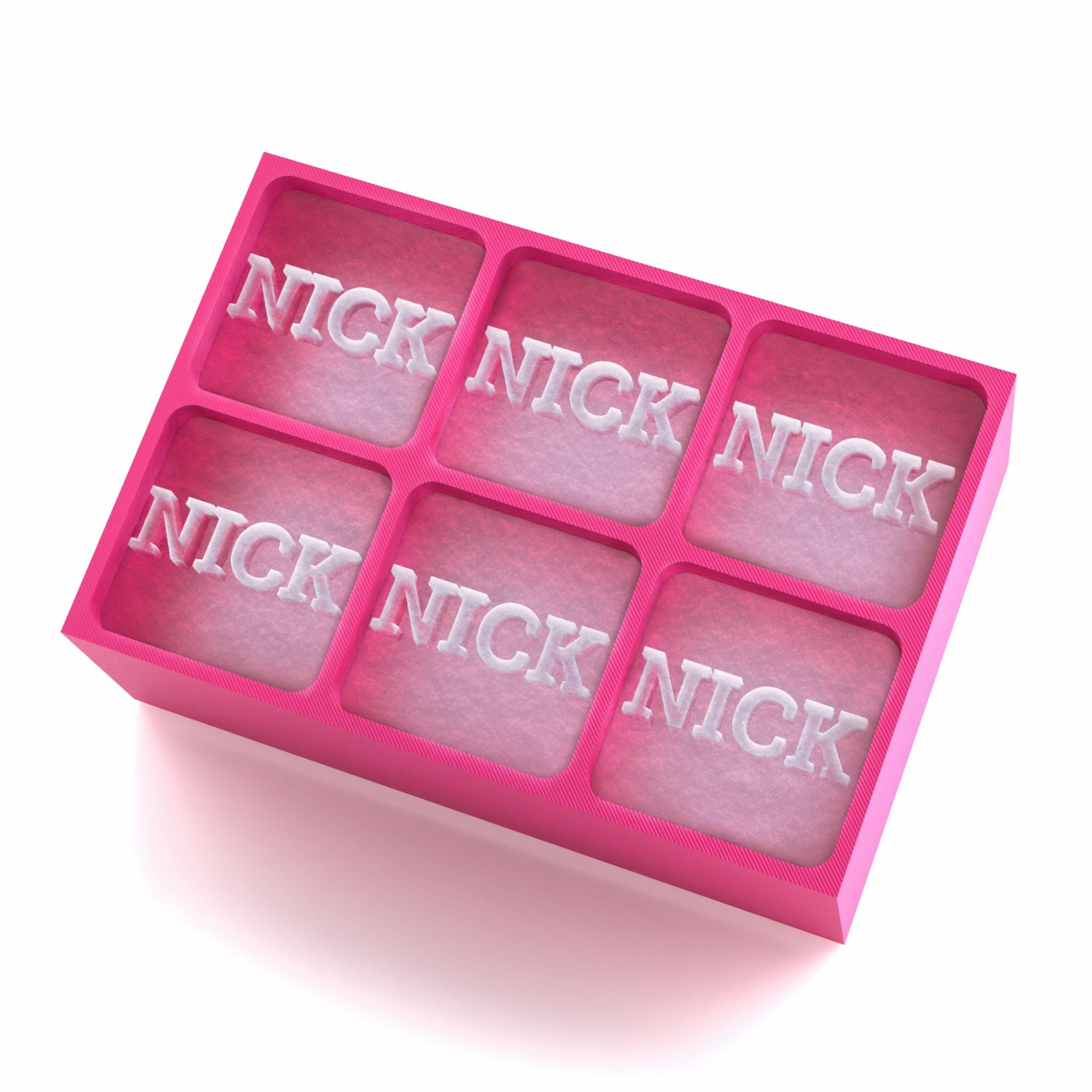 Bright pink custom ice cube tray with bold 'NICK' raised lettering – quirky and thoughtful personalised gift