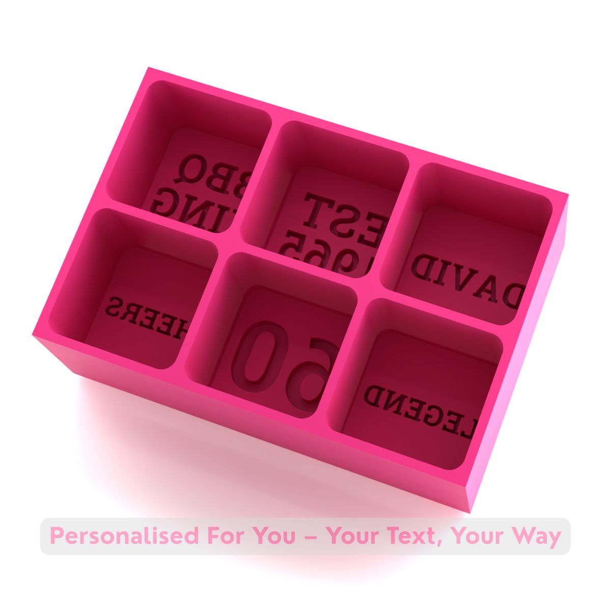 Bright-pink silicone tray producing six eye-catching cubes with custom lettering – ideal for birthdays, hens nights or fun gatherings.