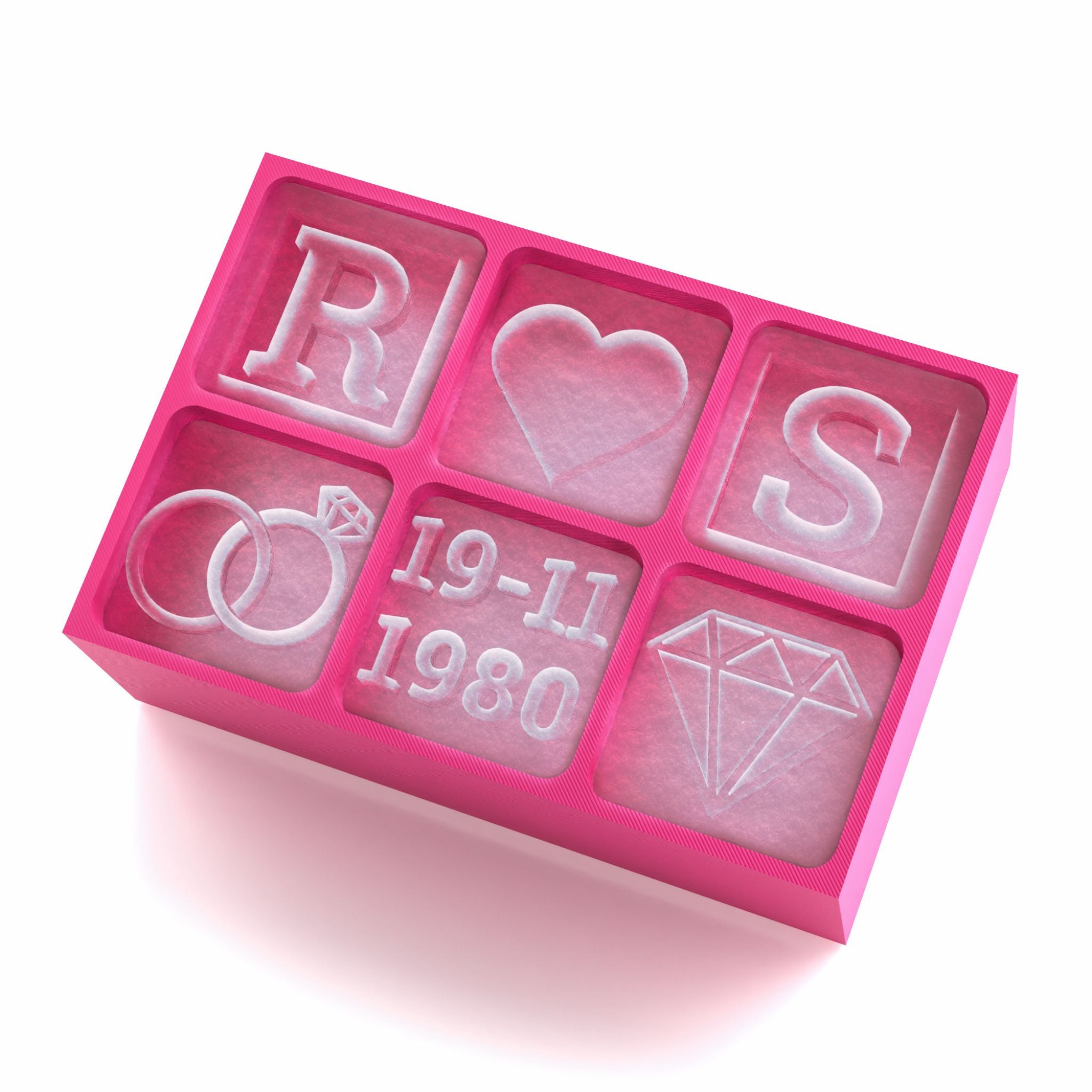 Romantic pink ice cube tray with heart, couple's initials, diamond symbol, and custom wedding date