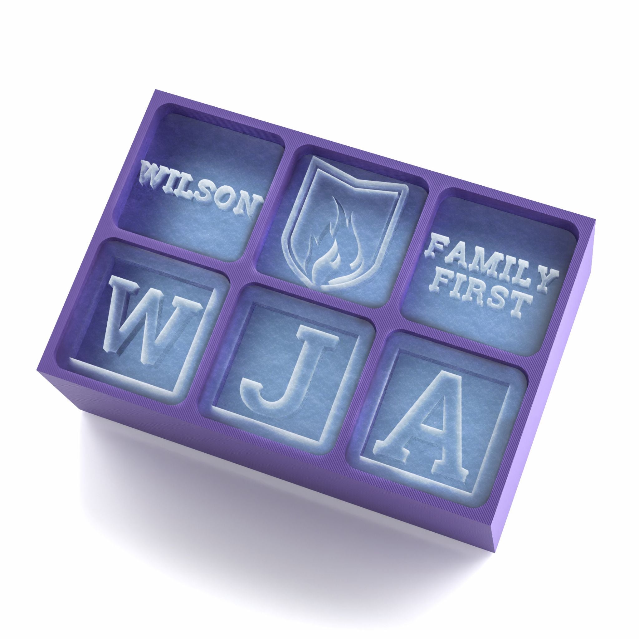 Purple 6-cube personalised ice tray with family-themed cubes featuring WJA initials and crest – unique customisable gift.