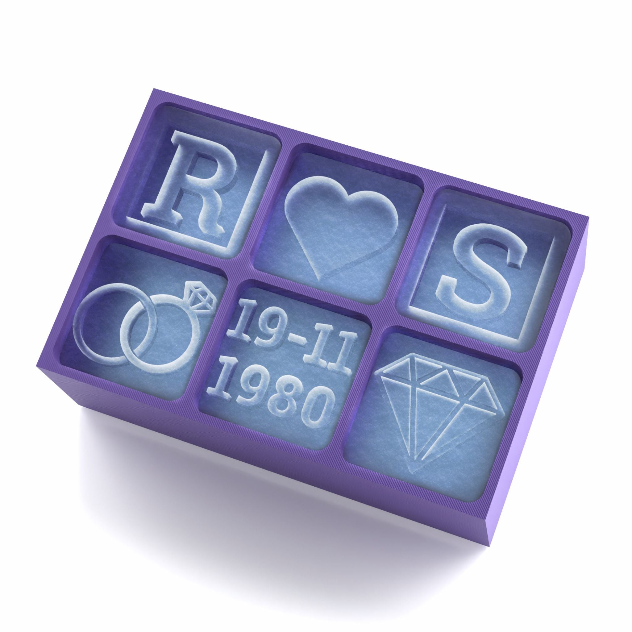 Elegant purple ice tray with engraved wedding details: diamond, rings, initials R & S, and heart design