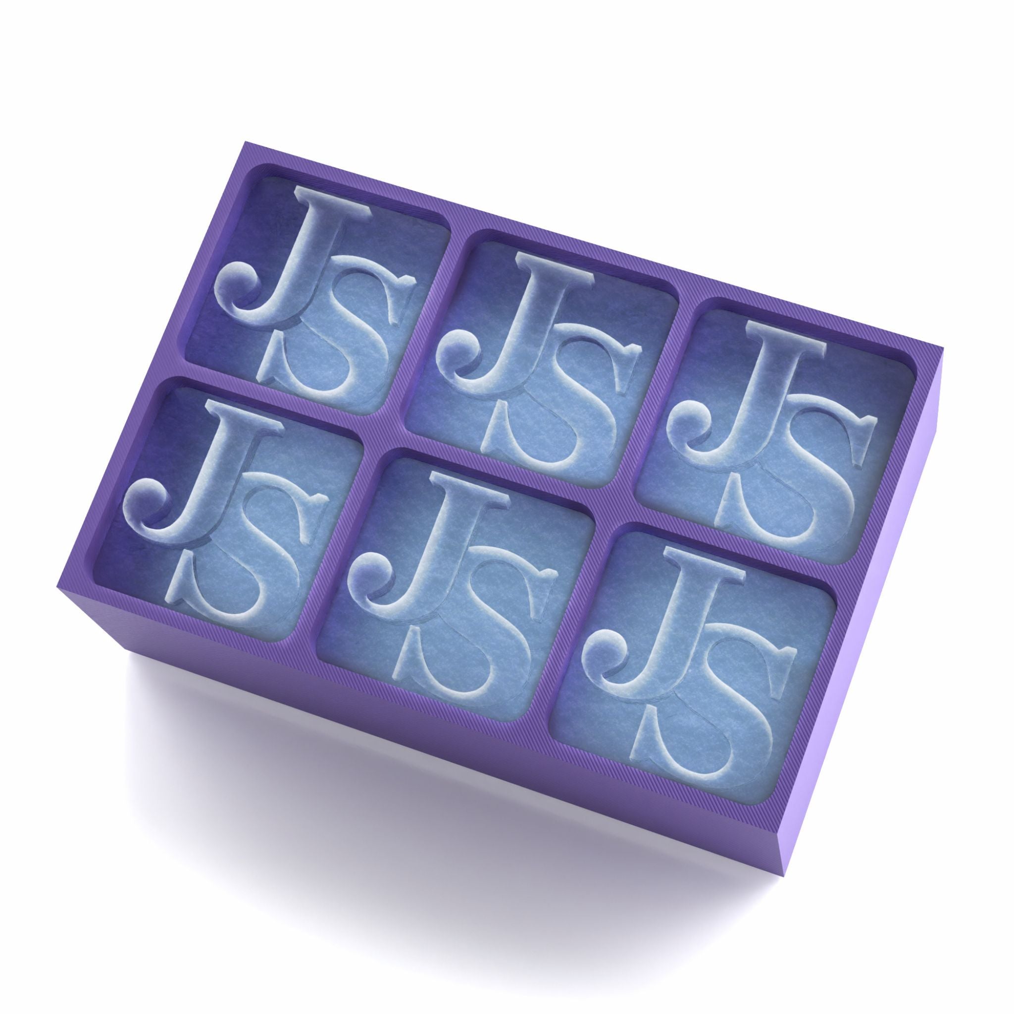 Bold purple ice tray holding frosted JS initials – a heartfelt custom gift for cocktail lovers and hosts.