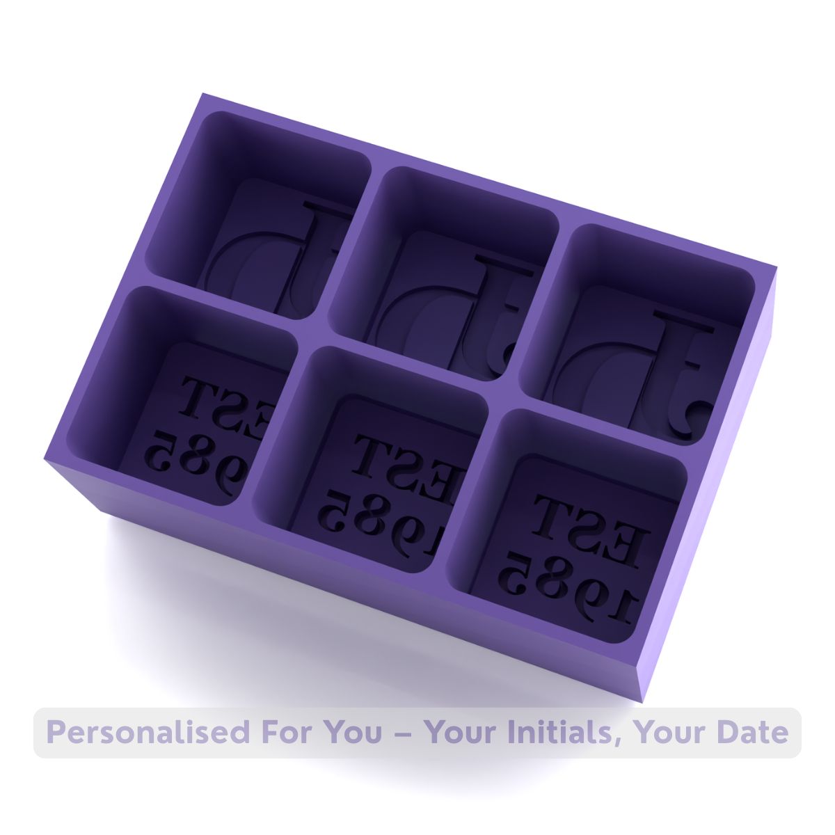Rich purple personalised ice tray with custom initials and EST. year moulds, ideal for stylish home bar and party gifting.