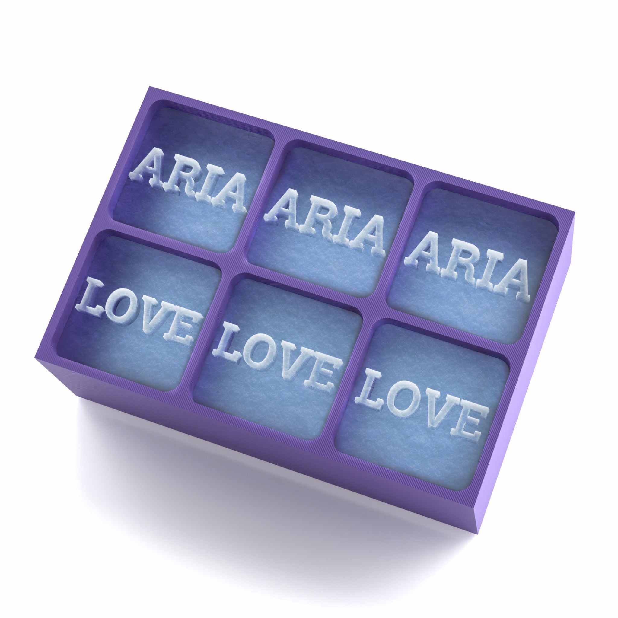 Purple personalised ice tray with ARIA and LOVE in ice – unique birthday or romantic gift idea for someone special
