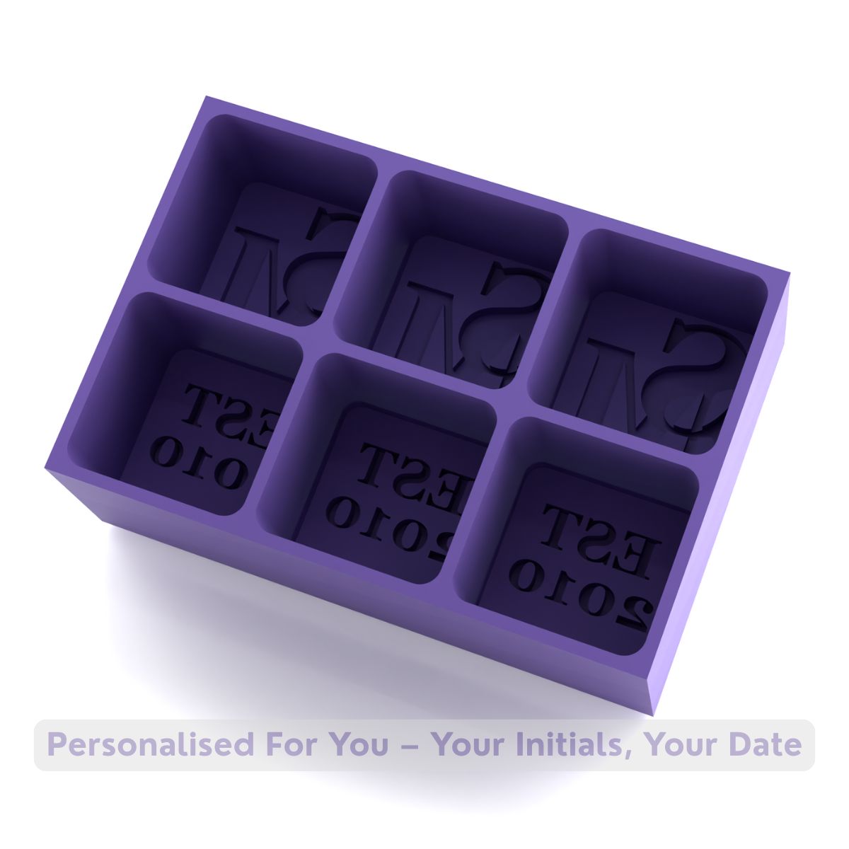 Purple silicone ice tray designed with SM initials and EST. 2010, handmade custom bar accessory.