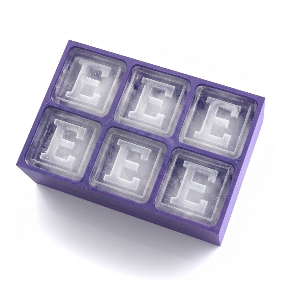 Six-cube purple tray with raised letter E ice design, ideal for birthdays, bridesmaids, or creative barware