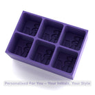Deep purple silicone tray mould with BM initials in six large cube cavities, premium handmade keepsake for whisky, cocktails, and home bars.