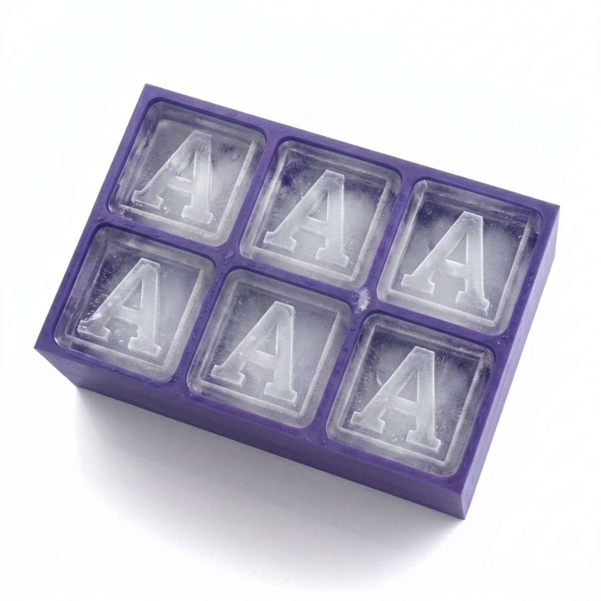 Purple silicone ice cube tray featuring the letter A monogram in each cube – 6-cube personalised mould, perfect for birthday and gifting occasions