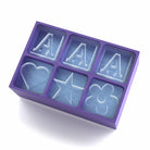 Stylish purple tray with letter 'A', heart, star, and flower cube moulds – great for personalised drink gifts or chocolate moulds