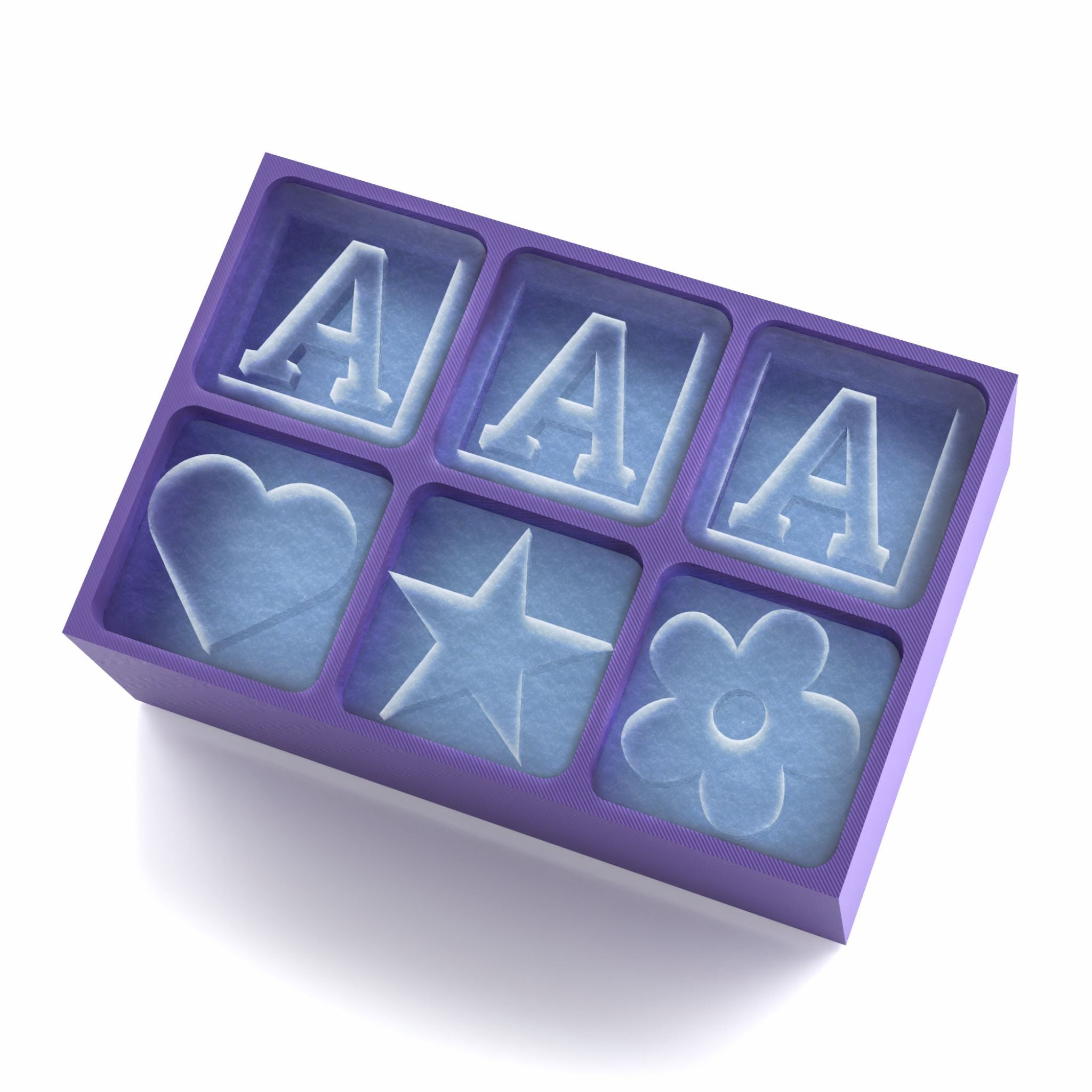 Stylish purple tray with letter 'A', heart, star, and flower cube moulds – great for personalised drink gifts or chocolate moulds