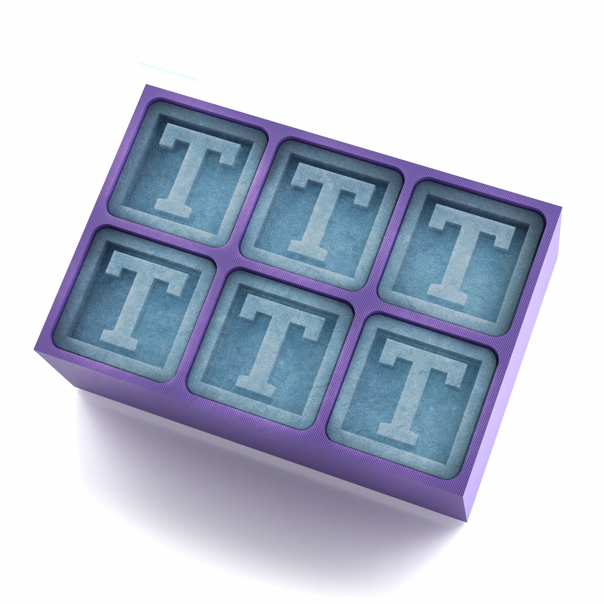 Stylish purple silicone ice tray making ‘T’ monogram cubes – a unique, personalised present for her birthday or special occasions.