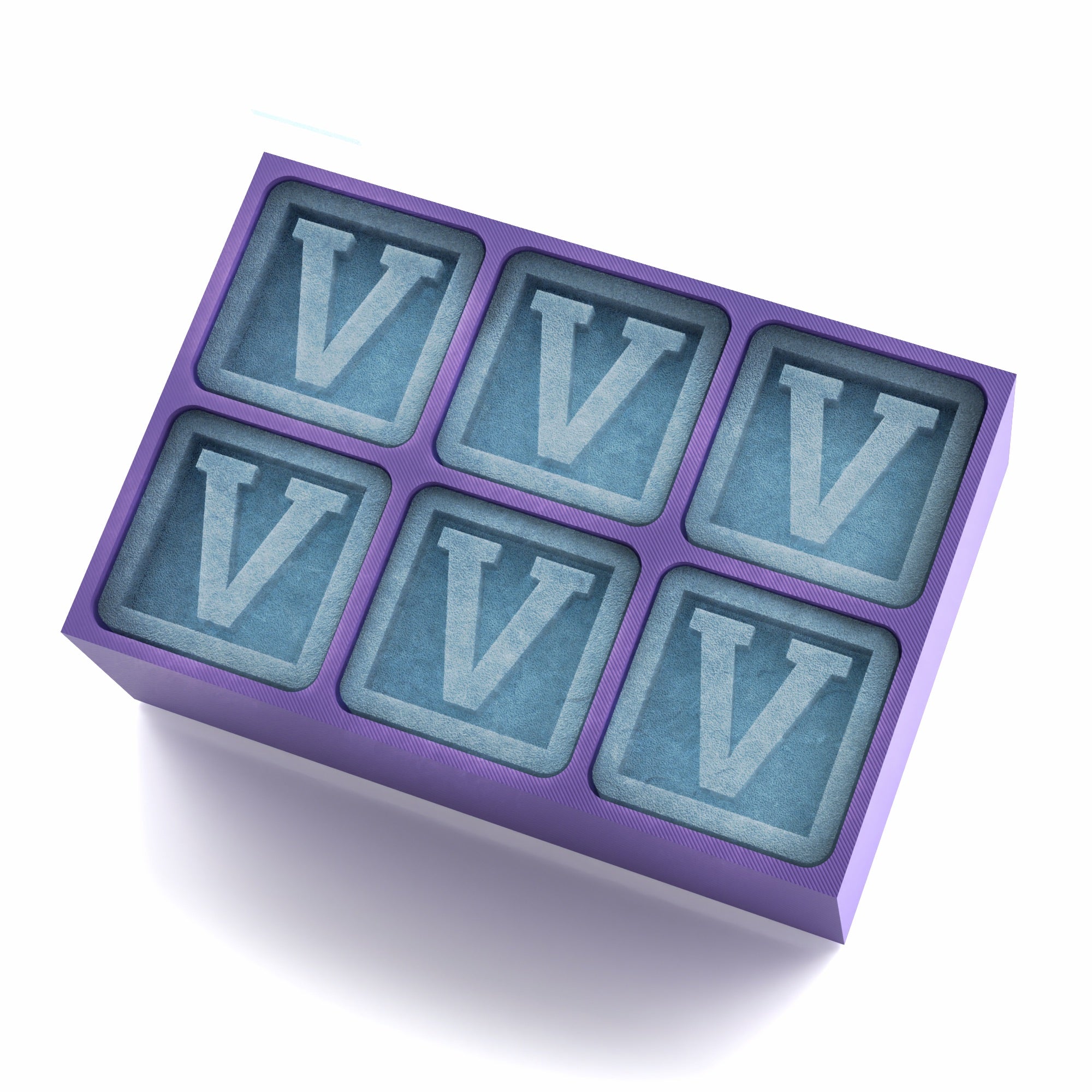 Purple silicone ice tray with V initial ice cubes, creative custom gift for friends, parties, or bar cart accessories.