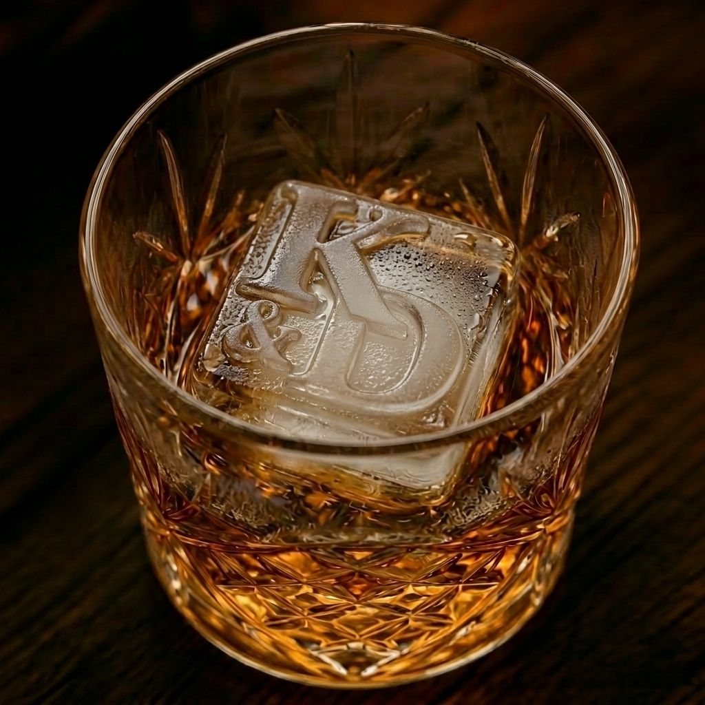 Glass of whisky on the rocks with an R&L Est 2025 monogrammed ice cube showing the R&L initials