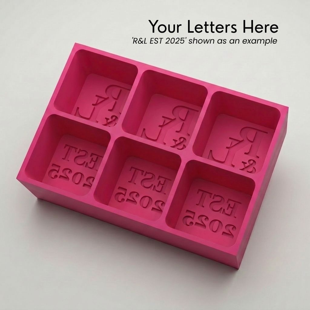 Pink R&L Est 2025 personalised silicone ice cube tray, top view of the monogram and EST 2025 embossed moulds