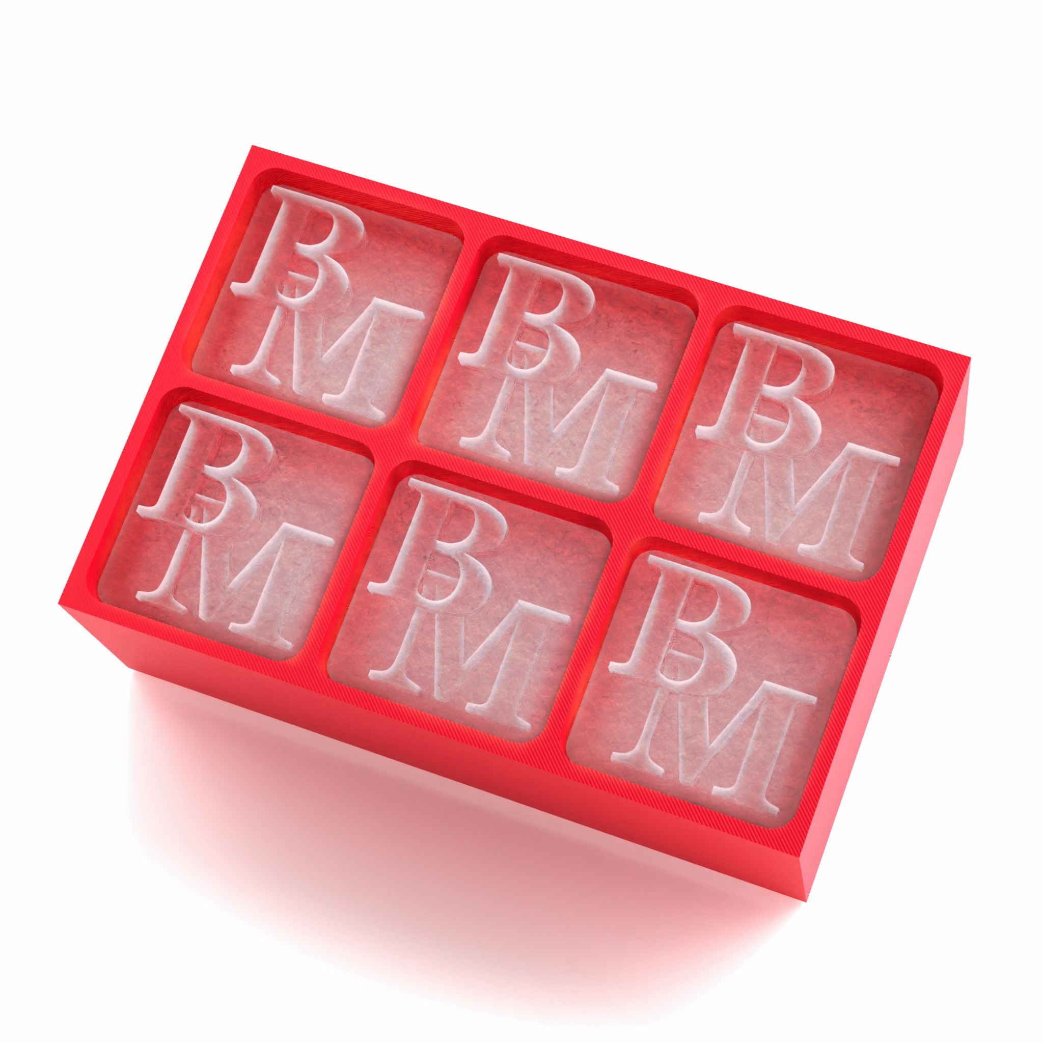Red ice tray with BM monogram cubes – perfect custom gift for celebrations, parties, and cocktail lovers
