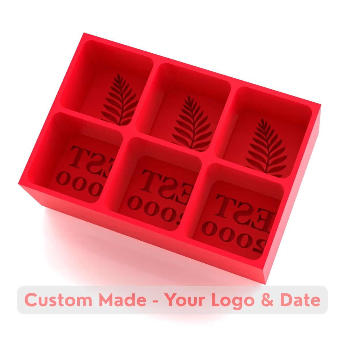 Red silicone ice cube tray with decorative fern leaf botanical design and EST 2000 custom establishment date
