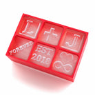 Red couple-themed custom ice tray with love messages and ice cubes designed with personalised initials and dates