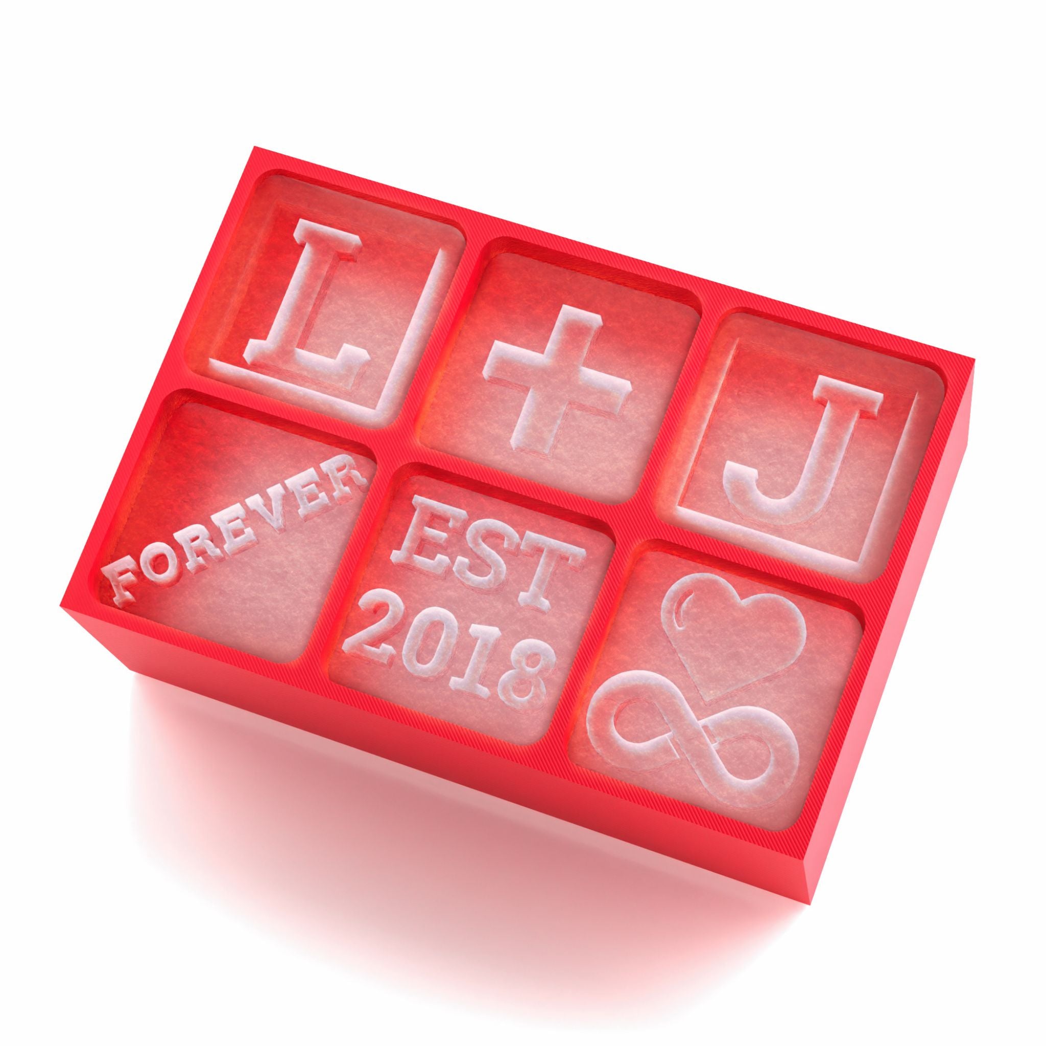 Red couple-themed custom ice tray with love messages and ice cubes designed with personalised initials and dates