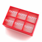 Red ice cube tray spelling HAPPY in each cube – handmade celebration gift for birthdays, holidays, and parties