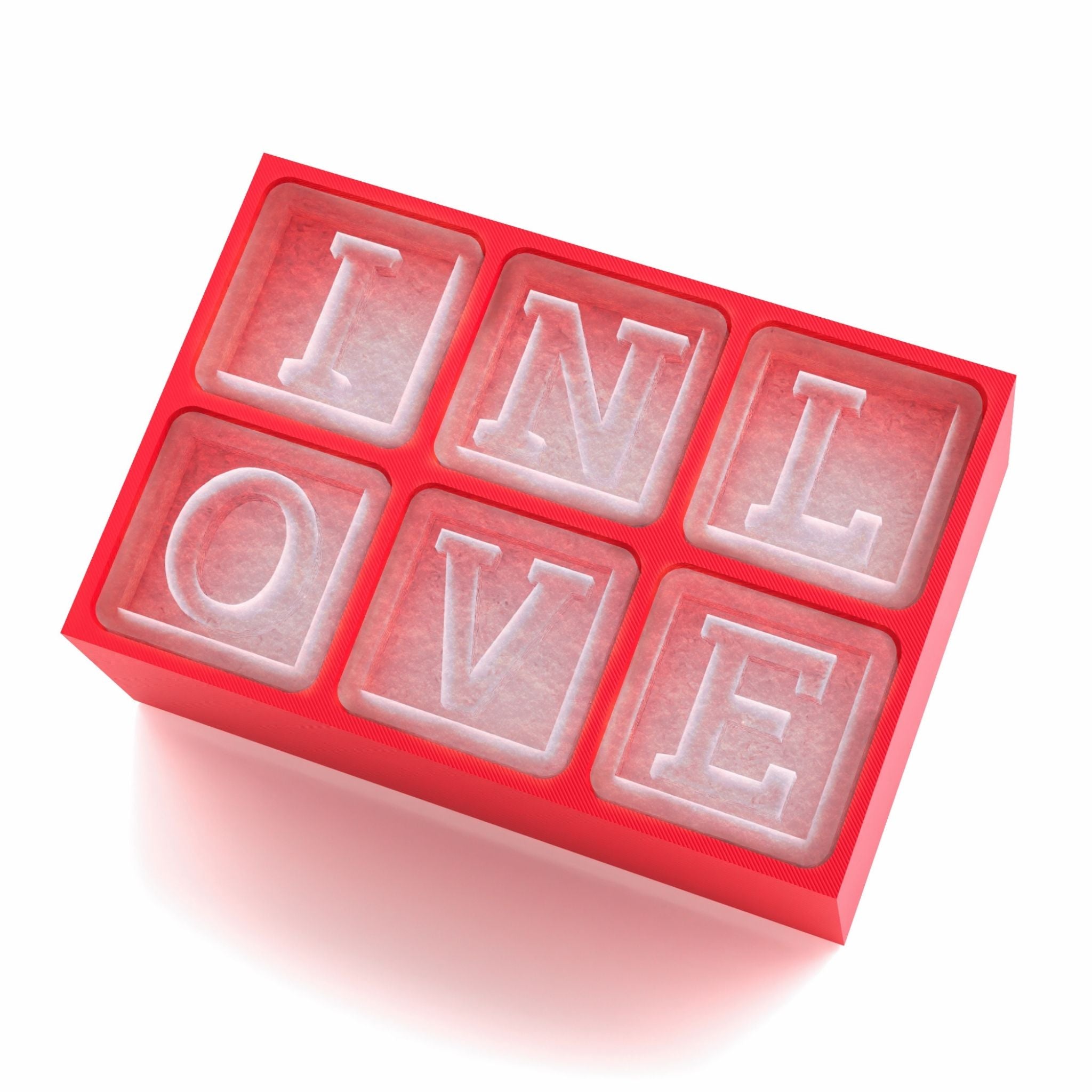 Bold red silicone ice tray featuring "IN LOVE" text, ideal for romantic events like weddings or Valentine’s Day.