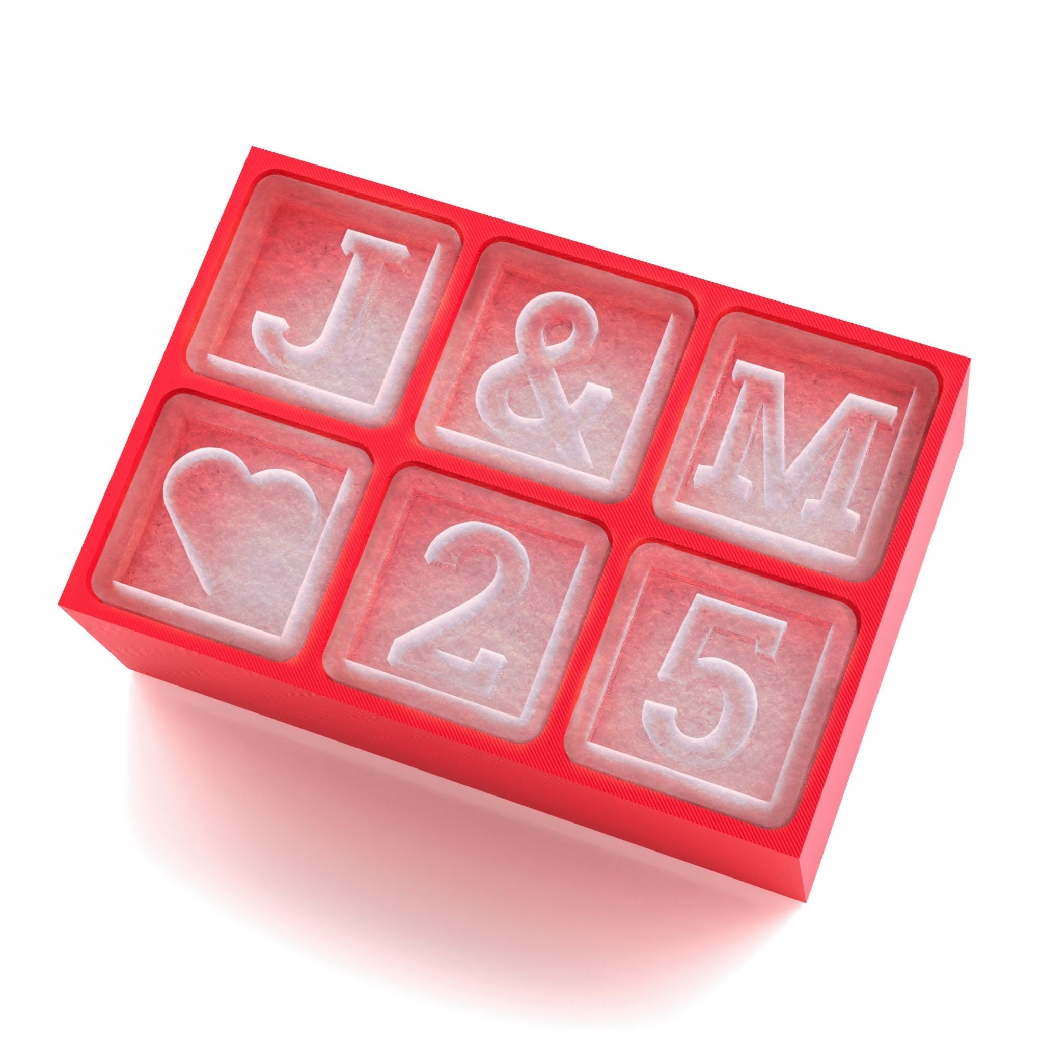 Bright red ice tray featuring J&M initials, heart icon, and 25, a perfect romantic gift for couples celebrating love.