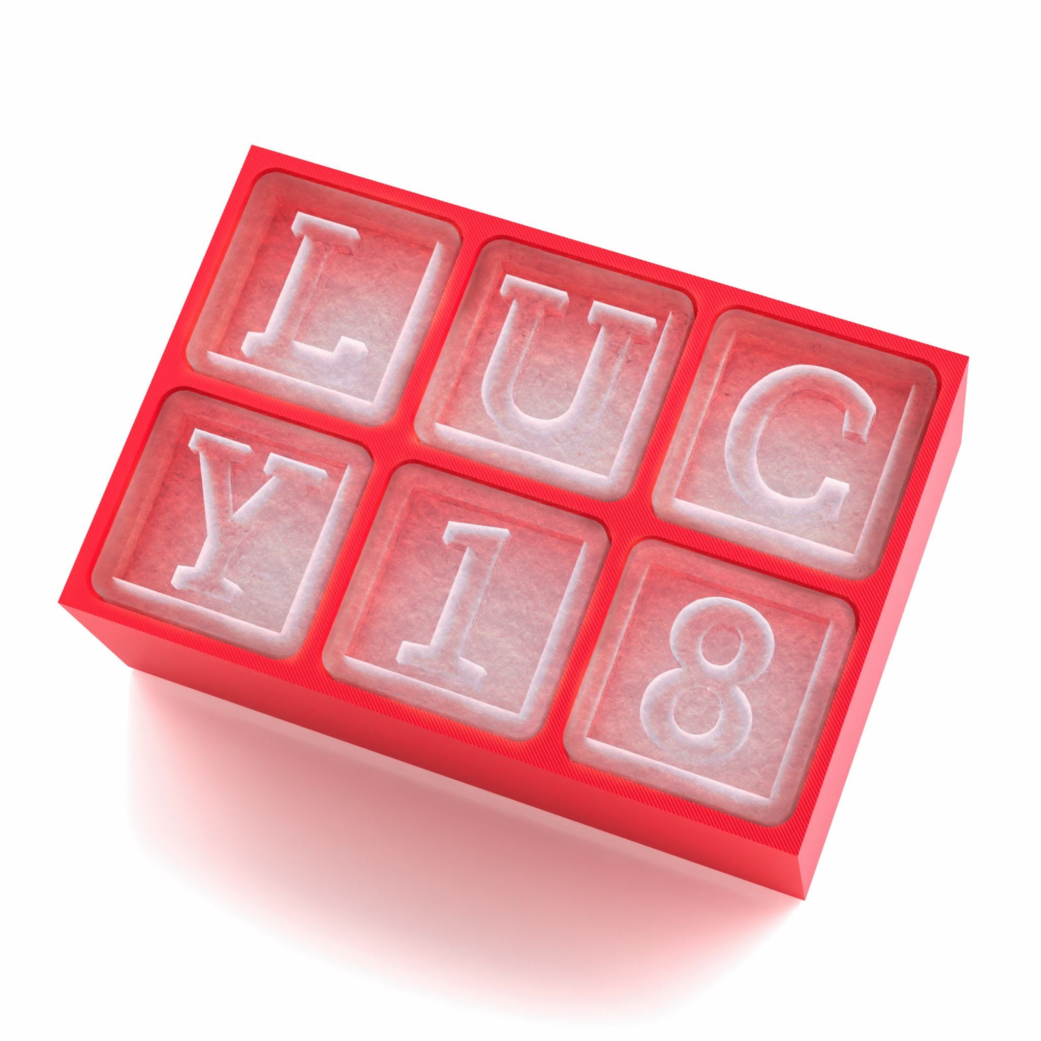 Red silicone ice tray embossed with 'LUCY 18', making birthday drinks more memorable.