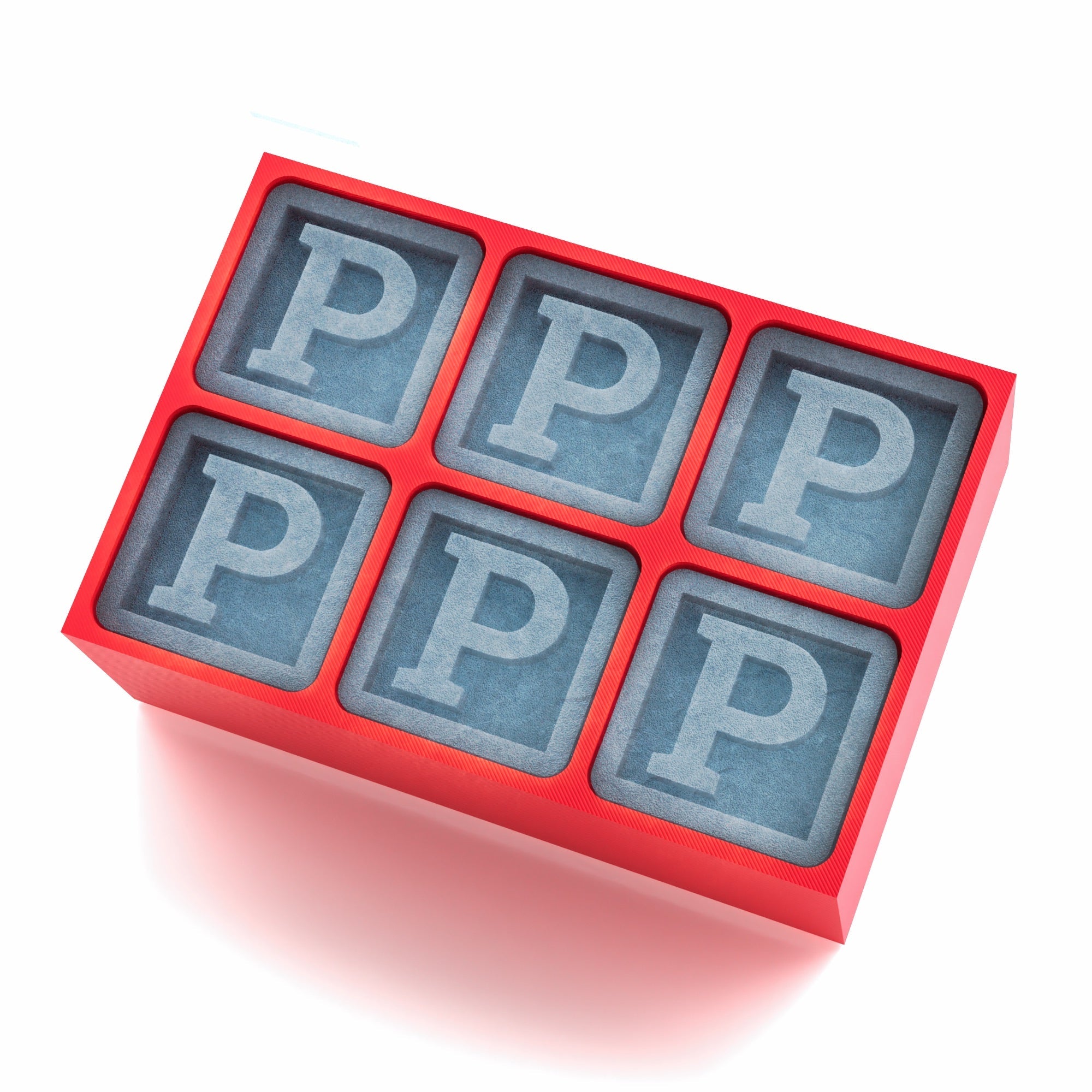 Eye-catching red ice tray with monogram P cubes, ideal for personalising parties and memorable gifts.