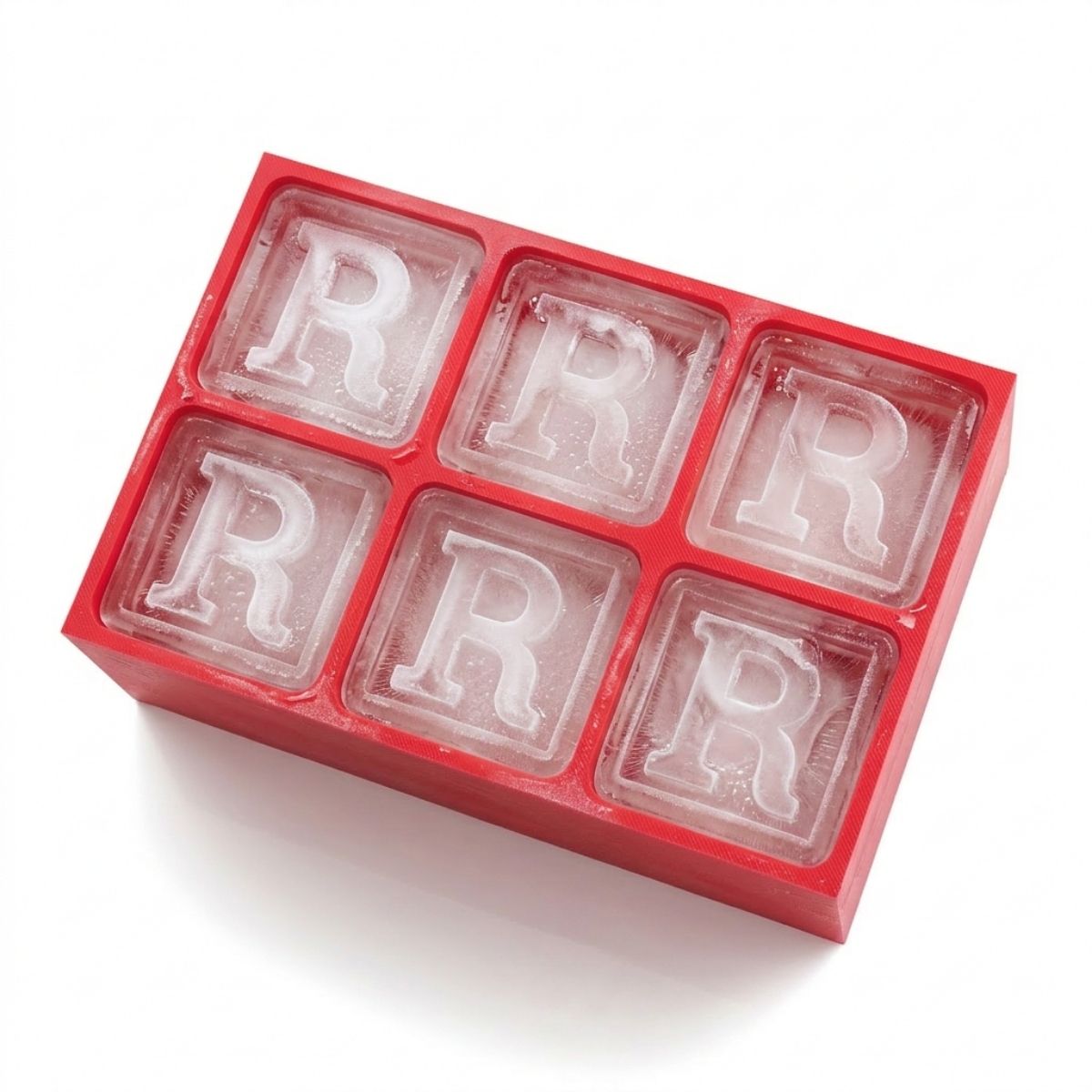 Striking red monogram ice tray featuring the letter R – fun, fiery, and personalised