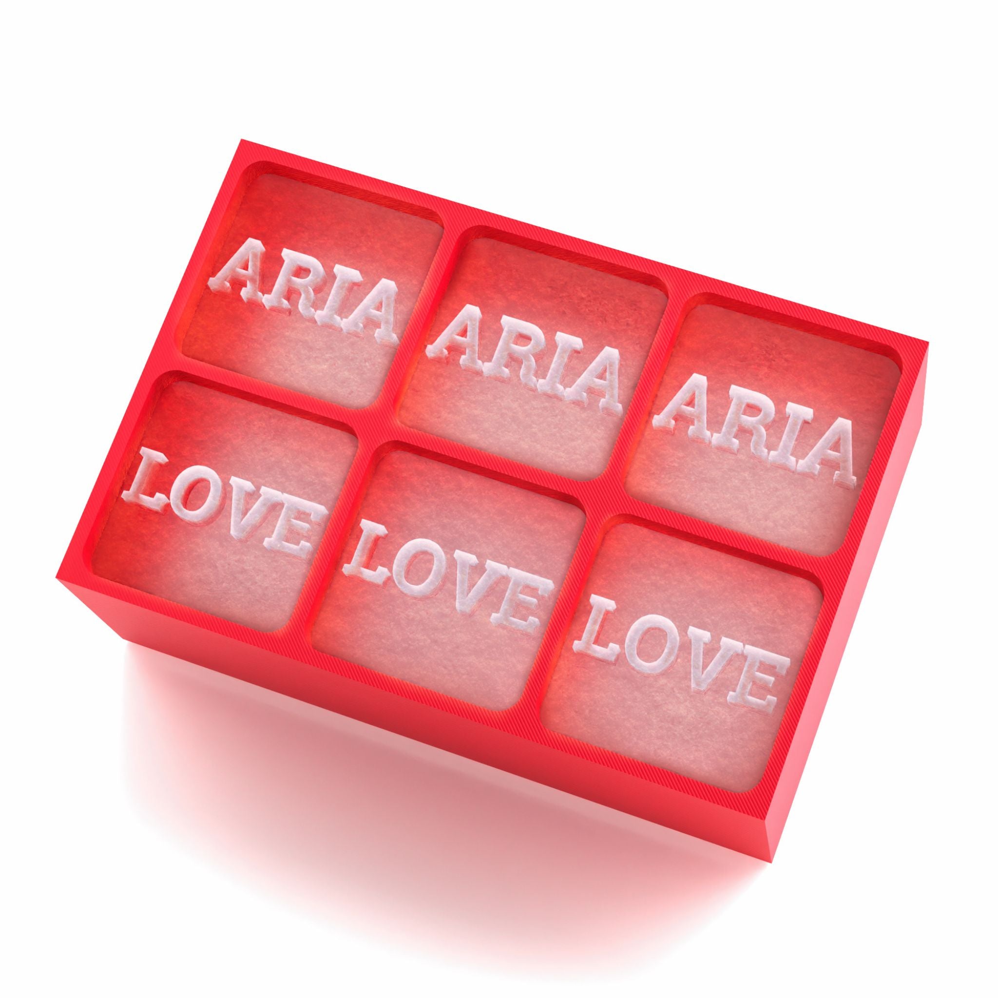 Red 6-cube ice tray with raised ice lettering: ARIA and LOVE – perfect for Valentine's Day, birthdays, or custom name gifts