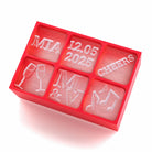 Red custom silicone tray with 6 large cubes personalised with wedding symbols and text, a standout touch for themed weddings and romantic occasions
