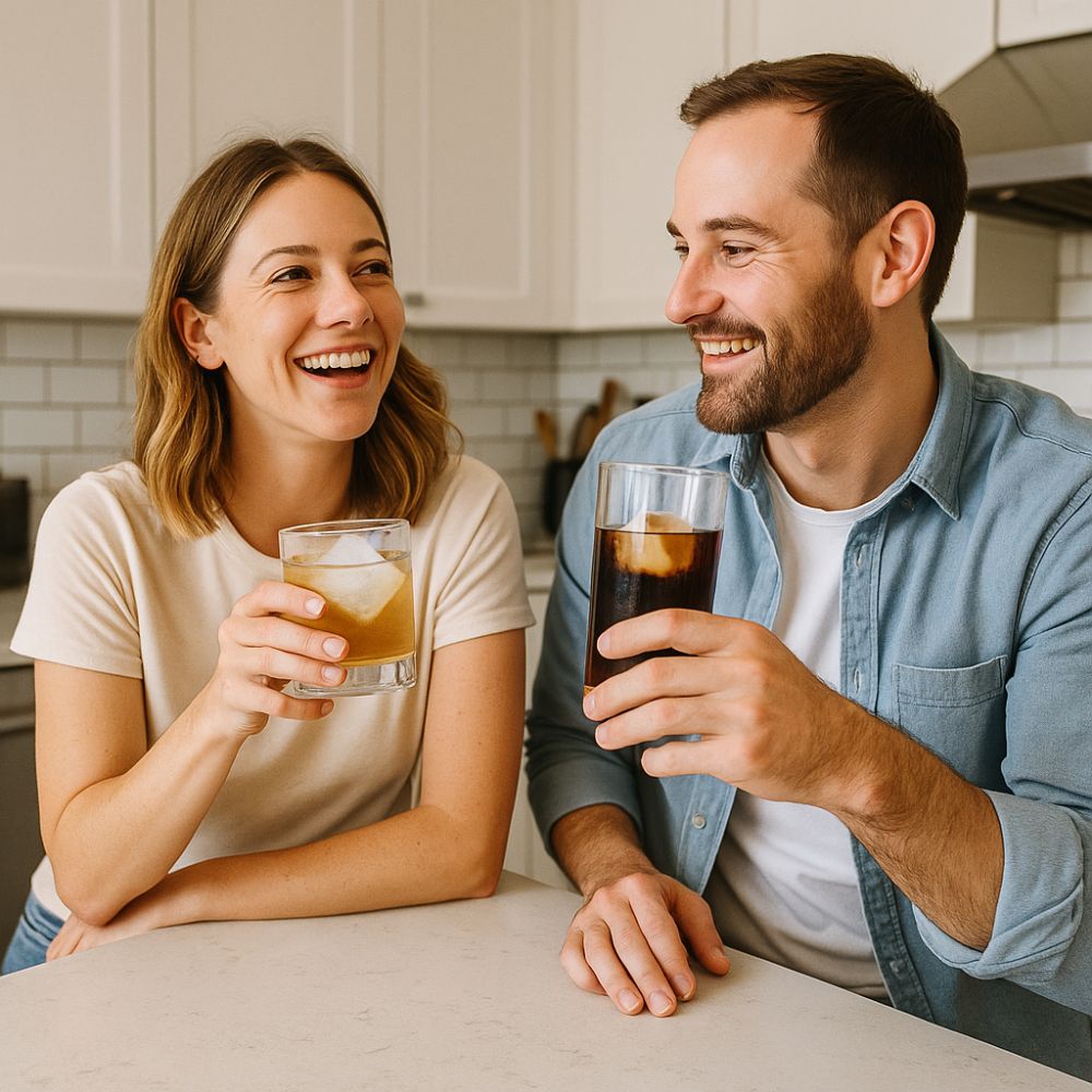 Smiling couple sharing personalised drinks with large ice cubes in a bright Australian kitchen—perfect moment for showcasing a wedding gift for couples or engagement keepsake with alphabet ice trays.