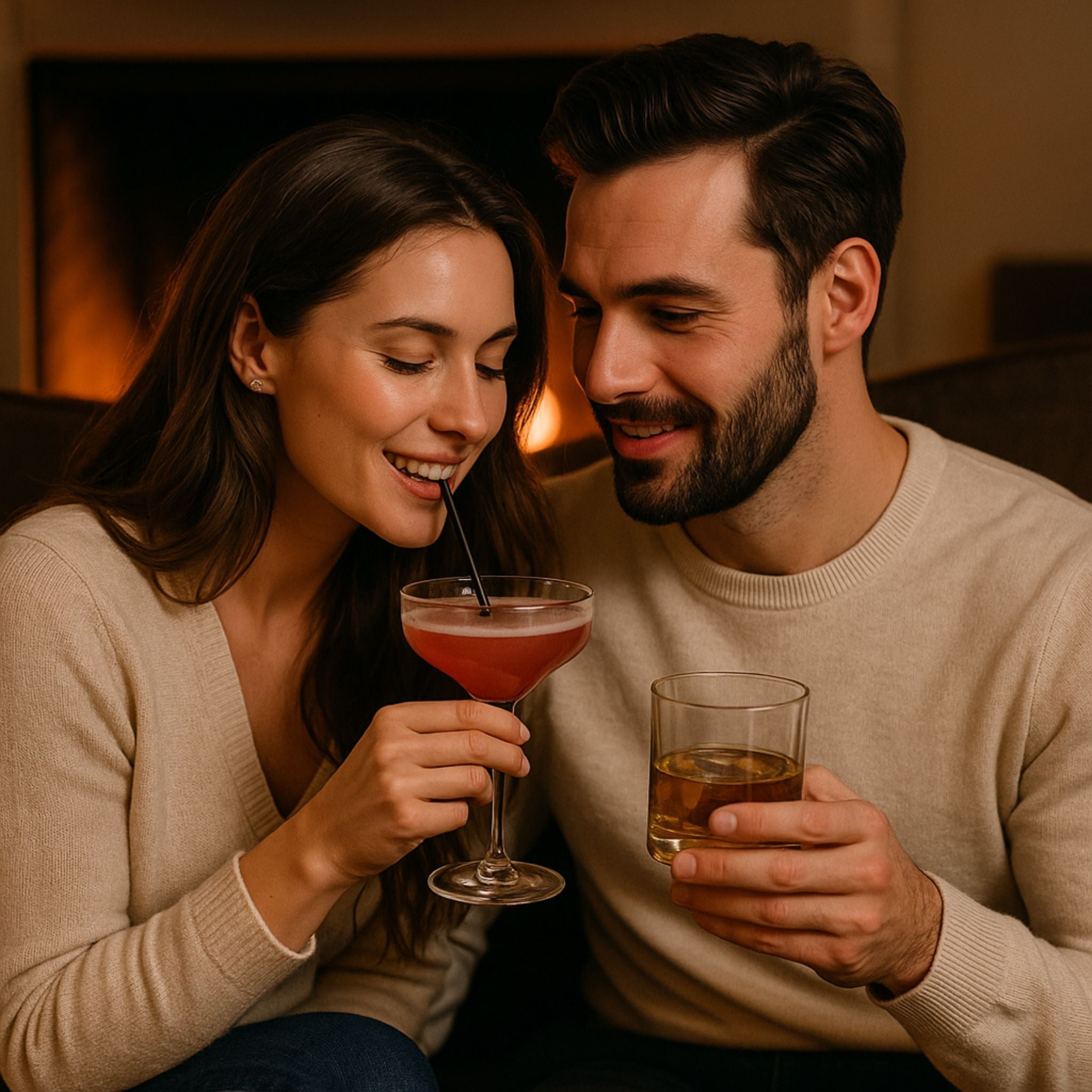 Young romantic couple sitting close together in front of a glowing fireplace, sharing a red cocktail and whiskey, enjoying a cosy Valentine’s evening indoors – perfect romantic Valentine’s Day gift idea for him or her