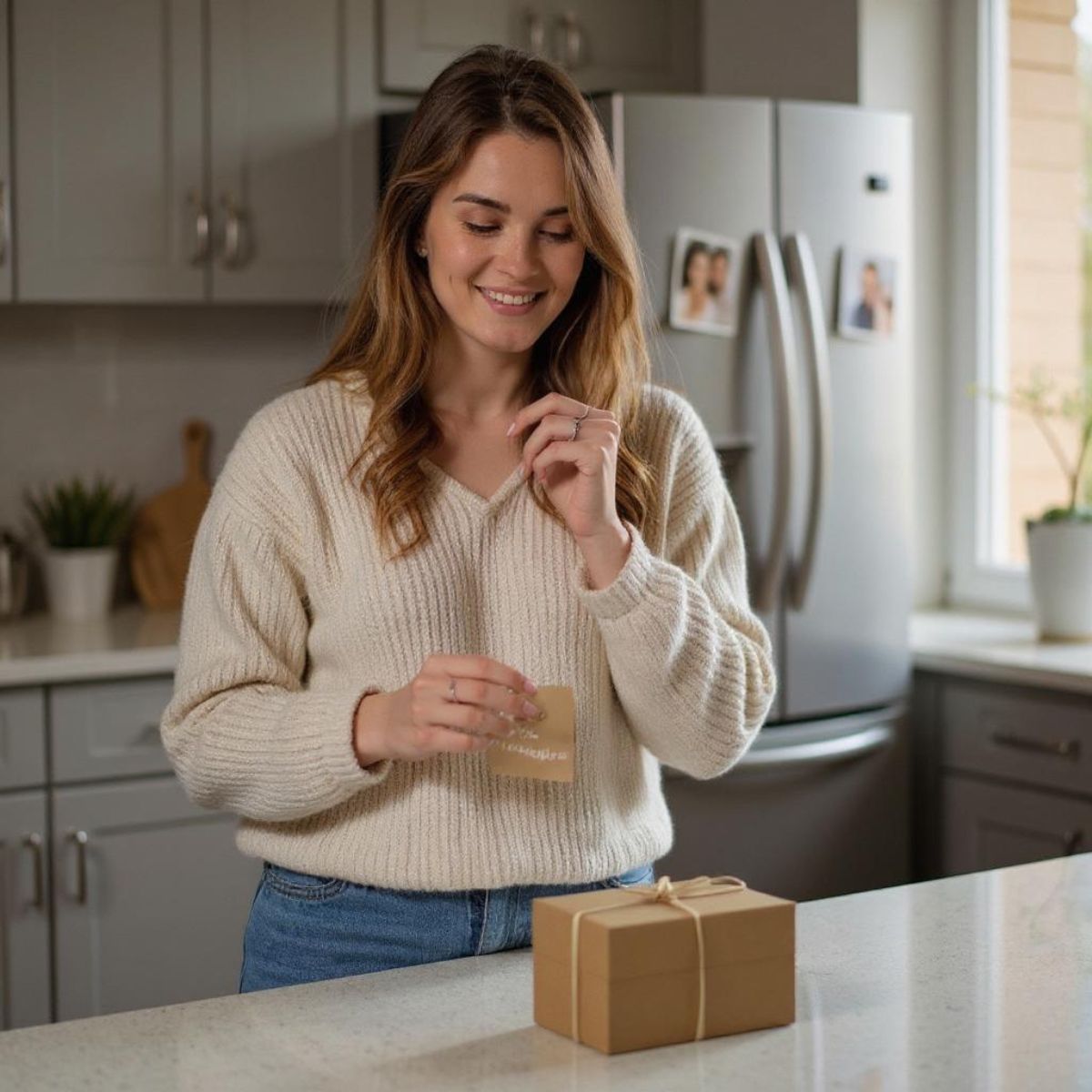 Woman setting up a surprise for husband with a note that says “Open me tonight.”