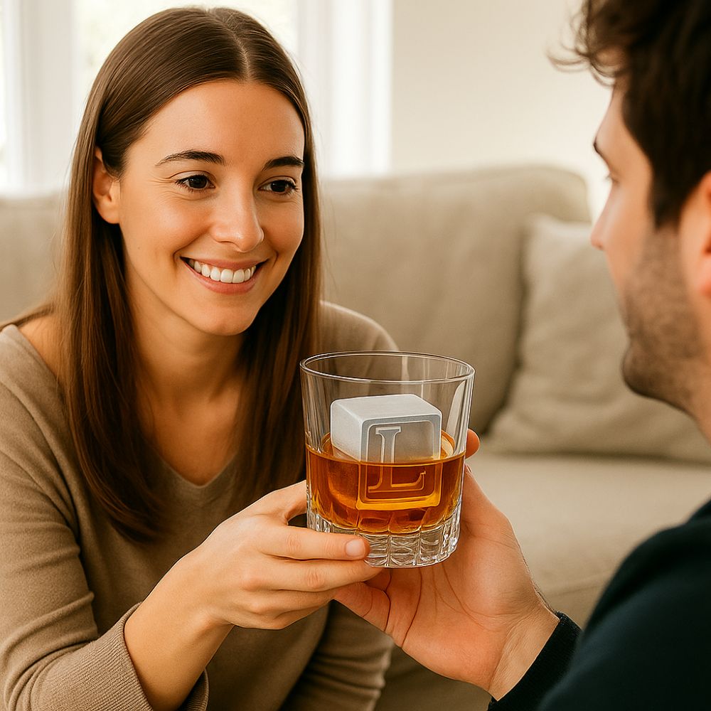 A smiling woman hands her boyfriend a whiskey glass with a custom ‘L’ ice cube inside, enjoying a sentimental moment together in a sunlit living room — a meaningful, personalised gift under $50.
