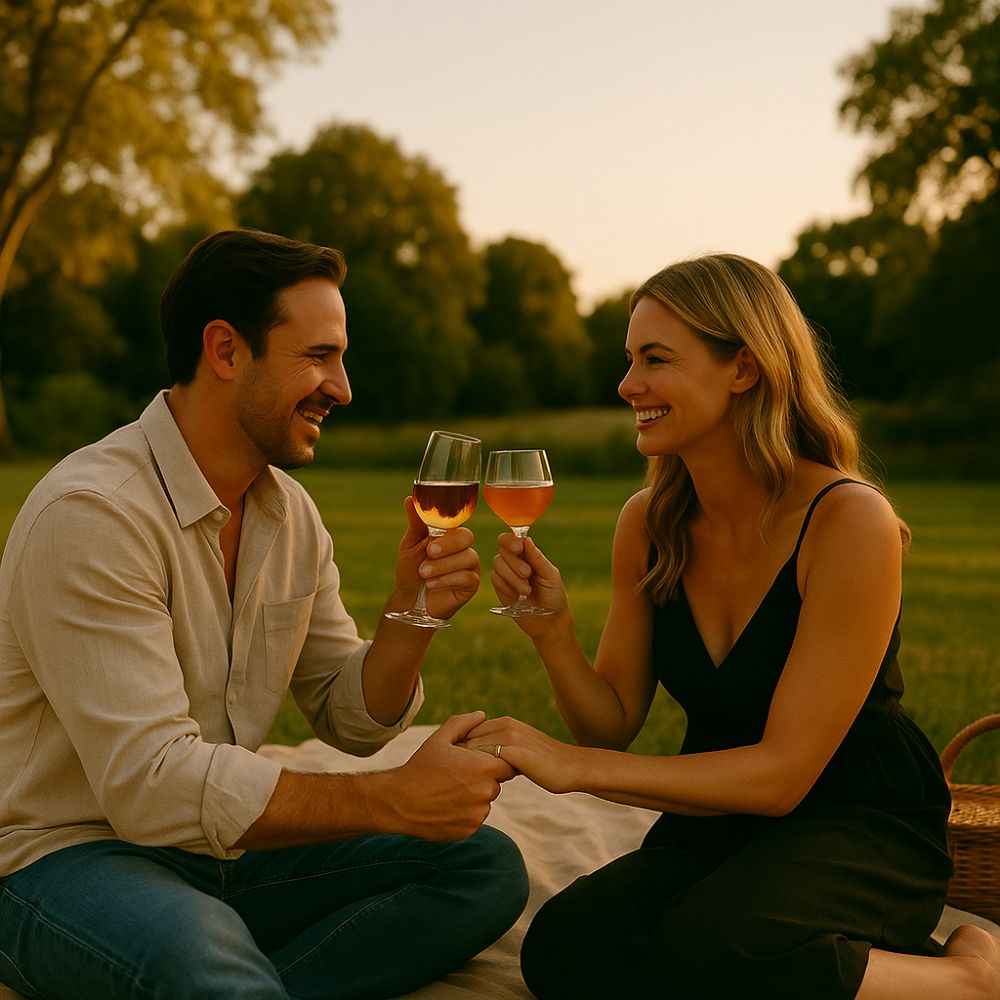Young Australian couple enjoying a romantic sunset picnic in the park, toasting with wine glasses and holding hands—ideal image for engagement gift keepsake or wedding couple surprise.