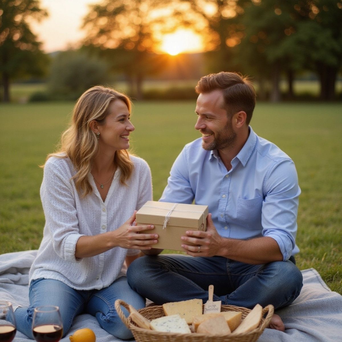 A woman gives her husband a wrapped present during a sunset picnic on the grass, with wine and cheese beside them — a heartfelt moment showing the joy of a meaningful personalised gift.